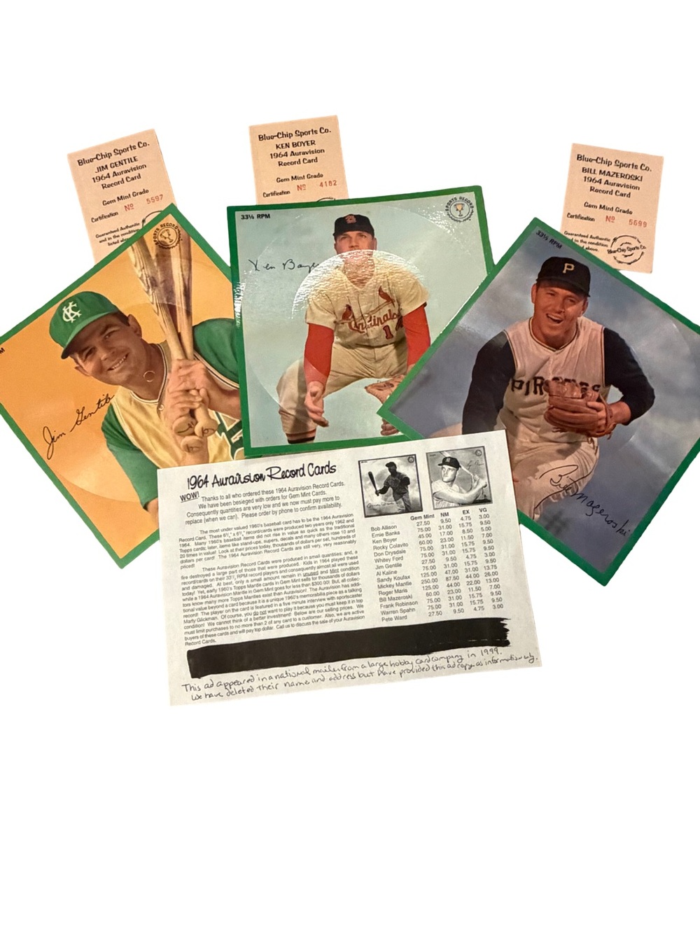1964 Auravision Baseball Record Card Lot (3) - Mazeroski Boyer Gentile UNPUNCHED